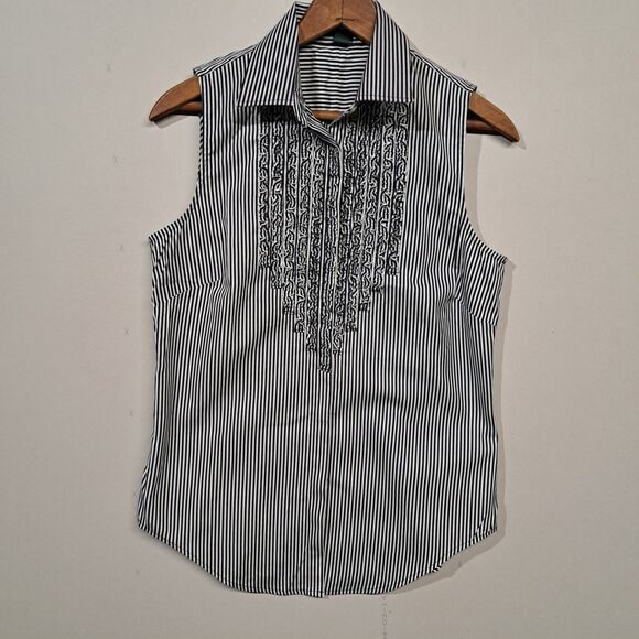 Lauren Ralph Lauren Tops - Lauren Ralph Lauren Sleeveless Ruffled Blouse Black White Stripes Size 4 Cotton